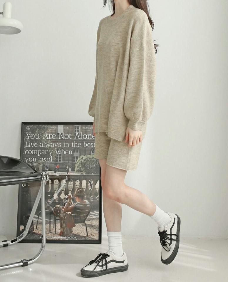 ウール混バルーンニット&ハーフパンツSET・p003839 レディース 【pt】トップス ニット セーター 長袖 柄 模様 メランジ ウール混 バルーン袖 ドロップショルダー ルーズ ラフ パンツ ショート丈 カジュアル ラフ 秋 冬 韓国ファッション MKT