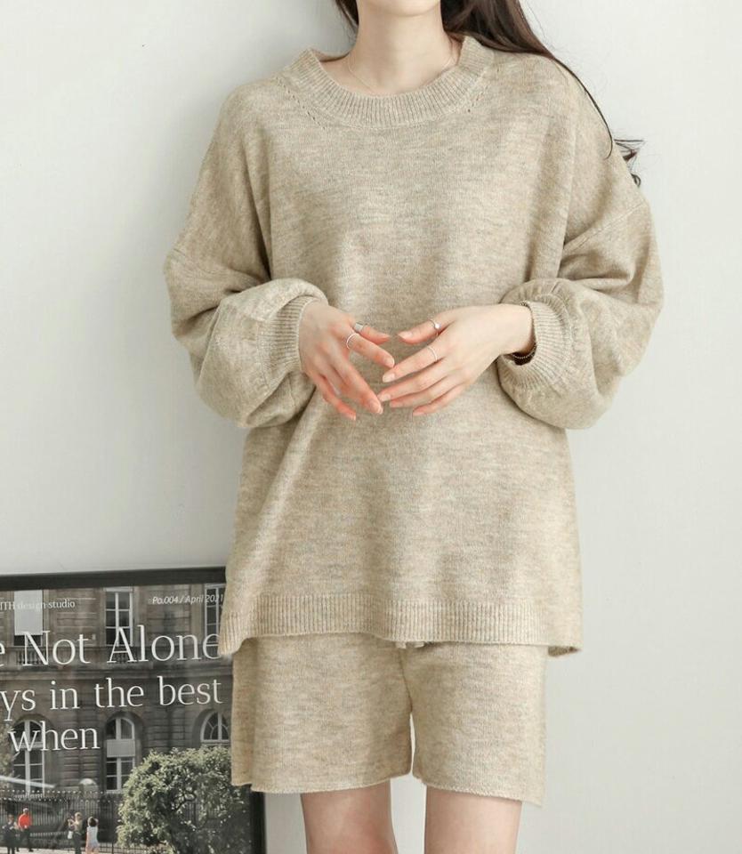 ウール混バルーンニット&ハーフパンツSET・p003839 レディース 【pt】トップス ニット セーター 長袖 柄 模様 メランジ ウール混 バルーン袖 ドロップショルダー ルーズ ラフ パンツ ショート丈 カジュアル ラフ 秋 冬 韓国ファッション MKT