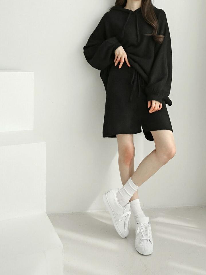 ウール混フードニット&ハーフパンツSET・p003838 レディース 【pt】セットアップ セット setup トップス ニット セーター スウェット 長袖 トレーナー フード フーディ パンツ ショート丈 メランジ 秋 冬 カジュアル ラフ 韓国ファッション MKT