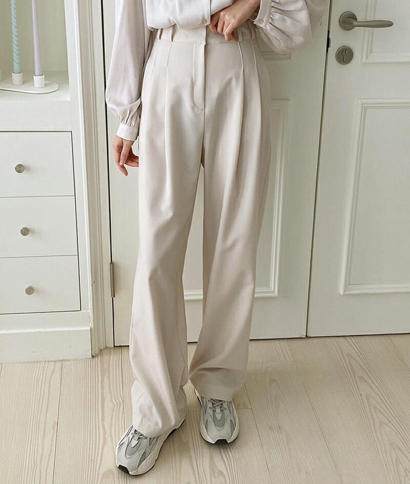 ダブルループタックスラックス・p003663 レディース 【pt】パンツ スラックス ロング丈 ハイウエスト 単色 無地 シンプル ベーシック タック ストレート 秋 冬 春 夏 オフィスカジュアル OL 大人 きれいめ 韓国ファッション MKT