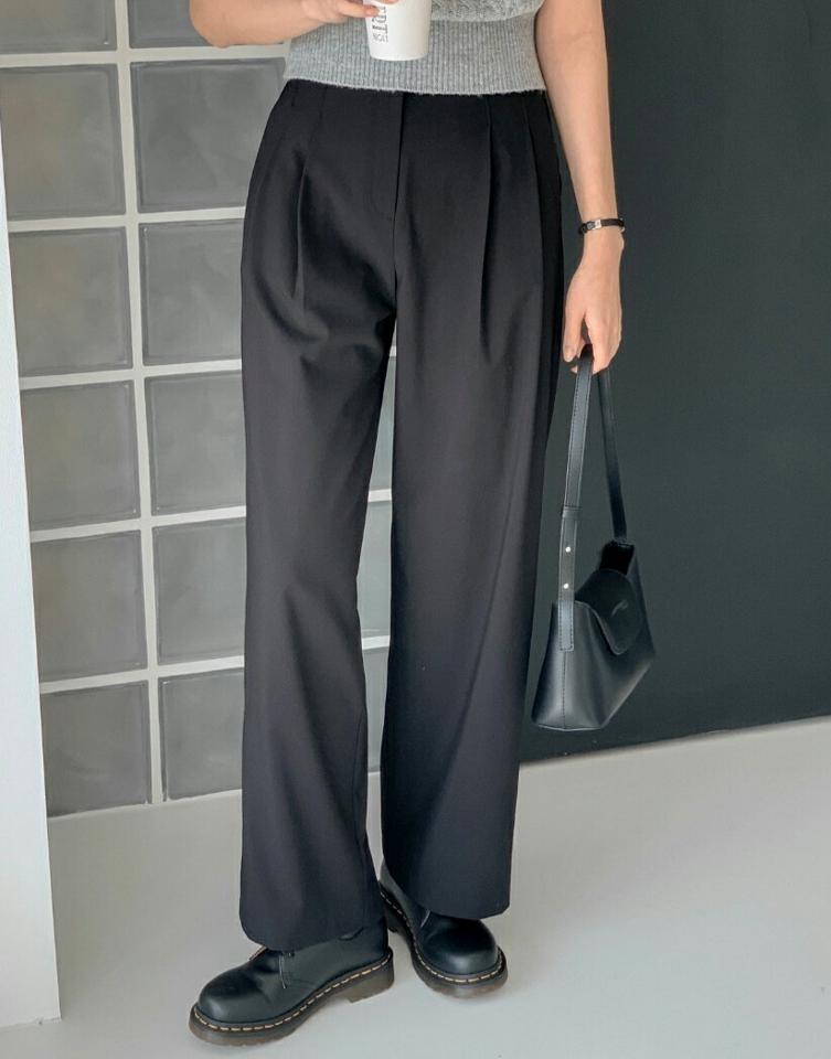 ダブルループタックスラックス・p003663 レディース 【pt】パンツ スラックス ロング丈 ハイウエスト 単色 無地 シンプル ベーシック タック ストレート 秋 冬 春 夏 オフィスカジュアル OL 大人 きれいめ 韓国ファッション MKT