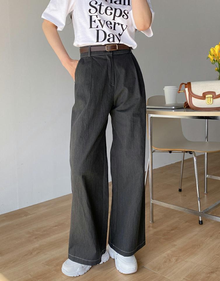 ステッチピグメントワイドパンツ・t00390 レディース 【pt】ボトムス ロング ロングパンツ コットン 綿 ワイド ストレート フルレングス ステッチ ハイウエスト ロング丈 無地 単色 シンプル フェミニン カジュアル 春 秋 韓国ファッション