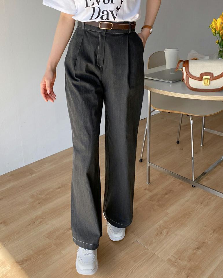 ステッチピグメントワイドパンツ・t00390 レディース 【pt】ボトムス ロング ロングパンツ コットン 綿 ワイド ストレート フルレングス ステッチ ハイウエスト ロング丈 無地 単色 シンプル フェミニン カジュアル 春 秋 韓国ファッション