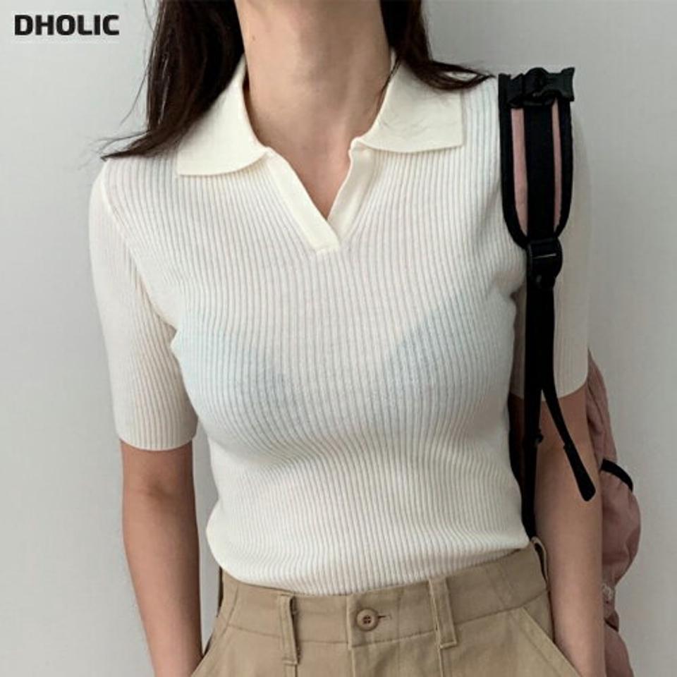 スリットカラーリブ半袖ニット・p003708 レディース 【tops】トップス ニット 半袖 セーター 単色 無地 シンプル ベーシック スリット スリム 細身 タイト リブ ポロ襟 春 夏 サマーニット かわいい 可愛い カジュアル ラフ 韓国ファッション MKT