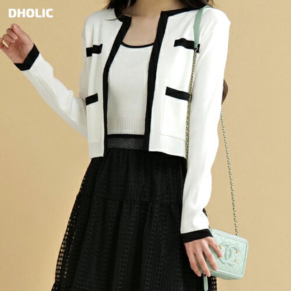 配色ニットタンクトップ&カーディガンSET・t00290 レディース 【tops】 韓国ファッション アンサンブル カーディガン ラウンドネック 長袖 クロップド 配色 リブ ゆったり 無地 タンクトップ リブヘム アクリル混 セット デイリー 春 夏 カジュアル