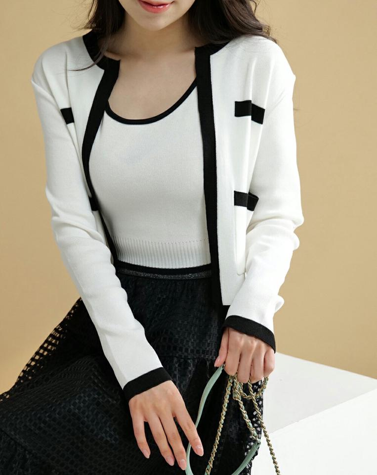 配色ニットタンクトップ&カーディガンSET・t00290 レディース 【tops】 韓国ファッション アンサンブル カーディガン ラウンドネック 長袖 クロップド 配色 リブ ゆったり 無地 タンクトップ リブヘム アクリル混 セット デイリー 春 夏 カジュアル