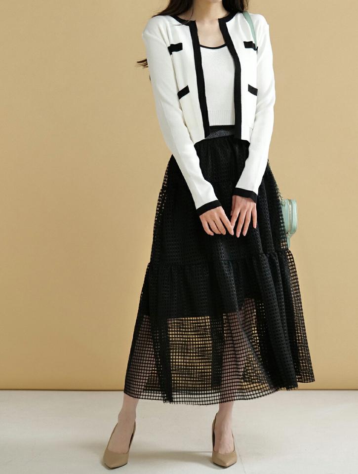 配色ニットタンクトップ&カーディガンSET・t00290 レディース 【tops】 韓国ファッション アンサンブル カーディガン ラウンドネック 長袖 クロップド 配色 リブ ゆったり 無地 タンクトップ リブヘム アクリル混 セット デイリー 春 夏 カジュアル