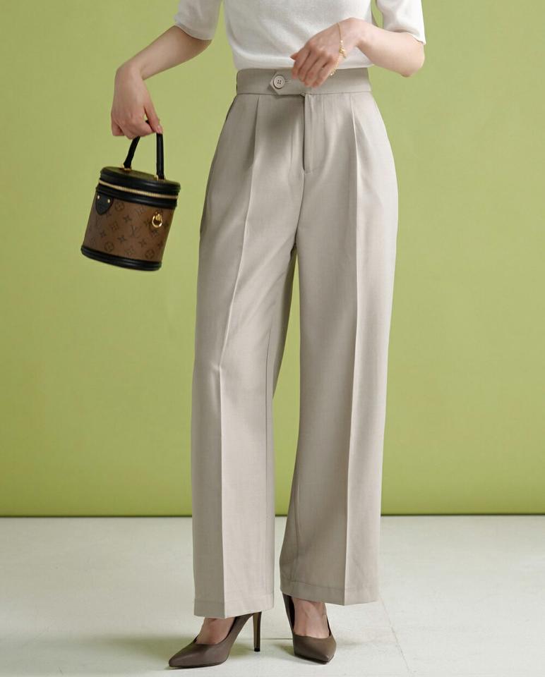 イージーワイドスラックス・t00301 レディース 【pt】 韓国ファッション ボトムス パンツ スラックス ロング丈 ハイウエスト ワンボタン イージー ワイド タック ストレート 無地 オフィスカジュアル デイリー 春 夏 カジュアル