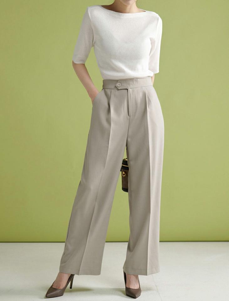 イージーワイドスラックス・t00301 レディース 【pt】 韓国ファッション ボトムス パンツ スラックス ロング丈 ハイウエスト ワンボタン イージー ワイド タック ストレート 無地 オフィスカジュアル デイリー 春 夏 カジュアル