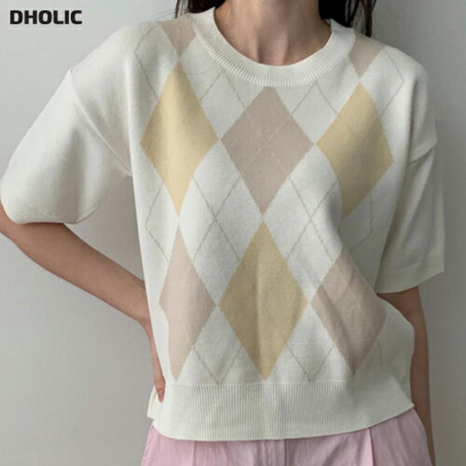 アーガイル半袖ニット・p003654 レディース 【tops】トップス ニット 半袖 セーター 柄 模様 チェック アーガイル パステル 春 夏 かわいい 可愛い キュート 爽やか 韓国ファッション MKT