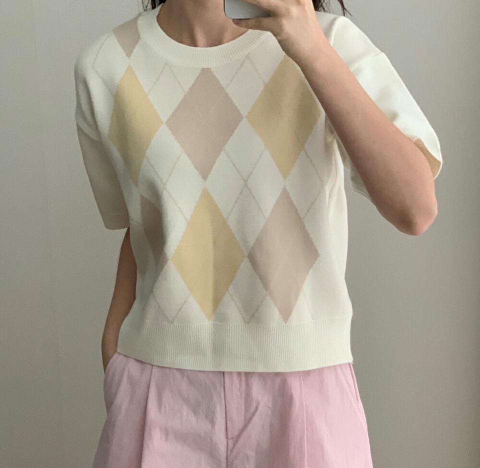 アーガイル半袖ニット・p003654 レディース 【tops】トップス ニット 半袖 セーター 柄 模様 チェック アーガイル パステル 春 夏 かわいい 可愛い キュート 爽やか 韓国ファッション MKT