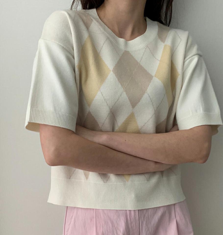 アーガイル半袖ニット・p003654 レディース 【tops】トップス ニット 半袖 セーター 柄 模様 チェック アーガイル パステル 春 夏 かわいい 可愛い キュート 爽やか 韓国ファッション MKT