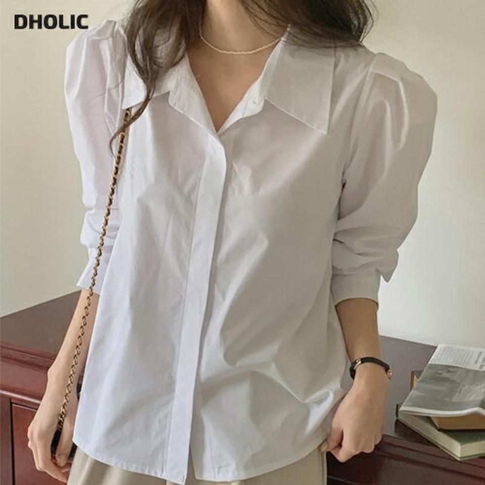 パフフライフロントシャツ・p003523 レディース 【bl】シャツ トップス 長袖 単色 無地 シンプル ベーシック パフ袖 パフスリーブ フライフロント 秋 冬 春 カジュアル ラフ かわいい 可愛い 大人 韓国ファッション MKT
