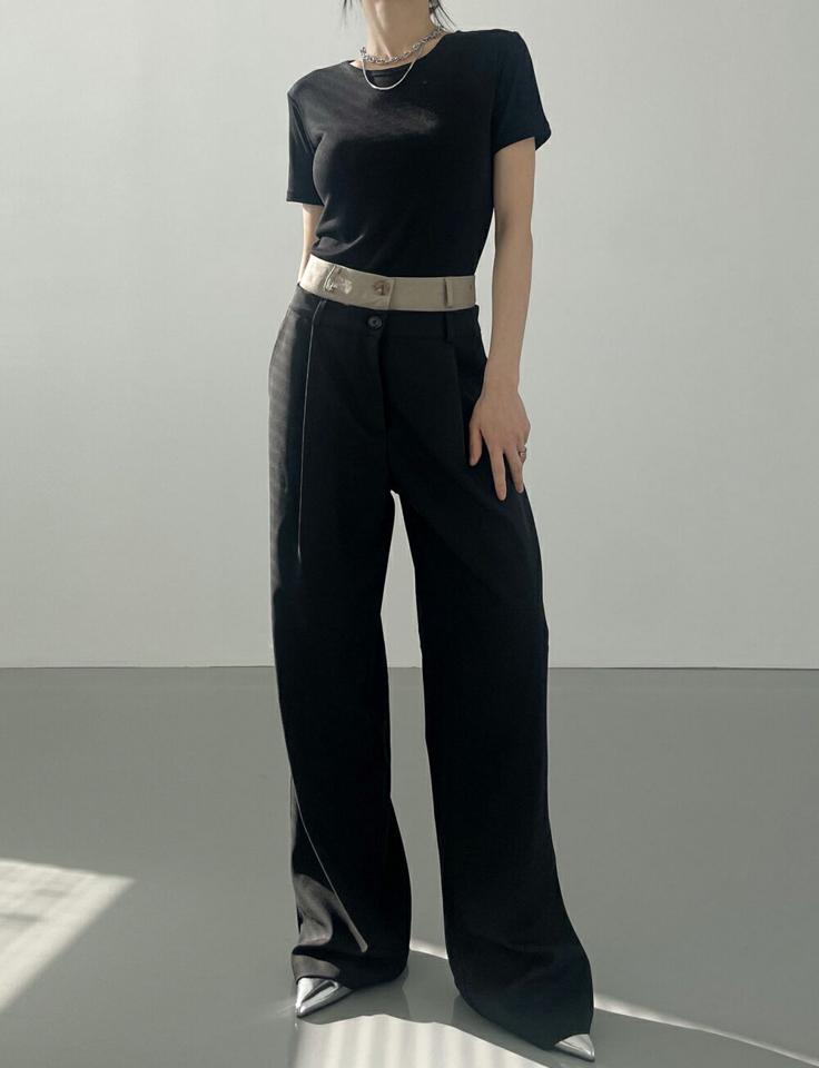 配色ダブルボタンスラックス・p003206 レディース 【pt】パンツ ロング丈 スラックス 配色 柄 模様 ダブルボタン ワイド タック ストレート 秋 冬 ユニーク 個性的 カジュアル モード 韓国ファッション MKT