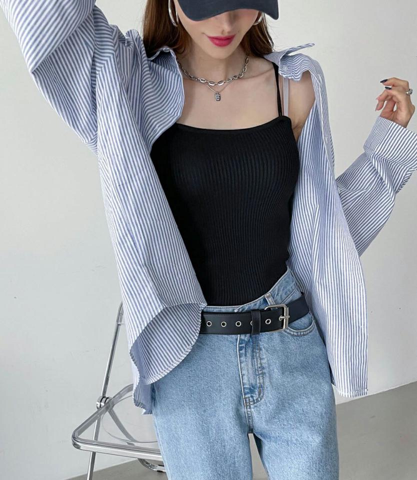 ストライプコットンシャツ・p002707 レディース 【bl】シャツ トップス 長袖 柄 模様 ストライプ ドロップショルダー 襟 えり 秋 冬 春 カジュアル ラフ ゆったり 楽ちん コットン 綿 韓国ファッション MKT