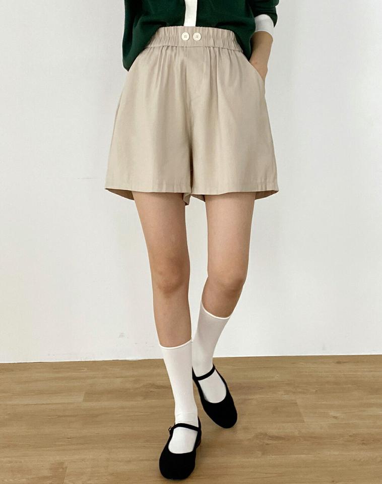 ツーボタンショートパンツ・t00325 レディース 【pt】 韓国ファッション ボトムス パンツ ショートパンツ ハーフパンツ ハイウエスト ウエストゴム ツーボタン ワイド 無地 シンプル ベーシック デイリー 春 夏 カジュアル