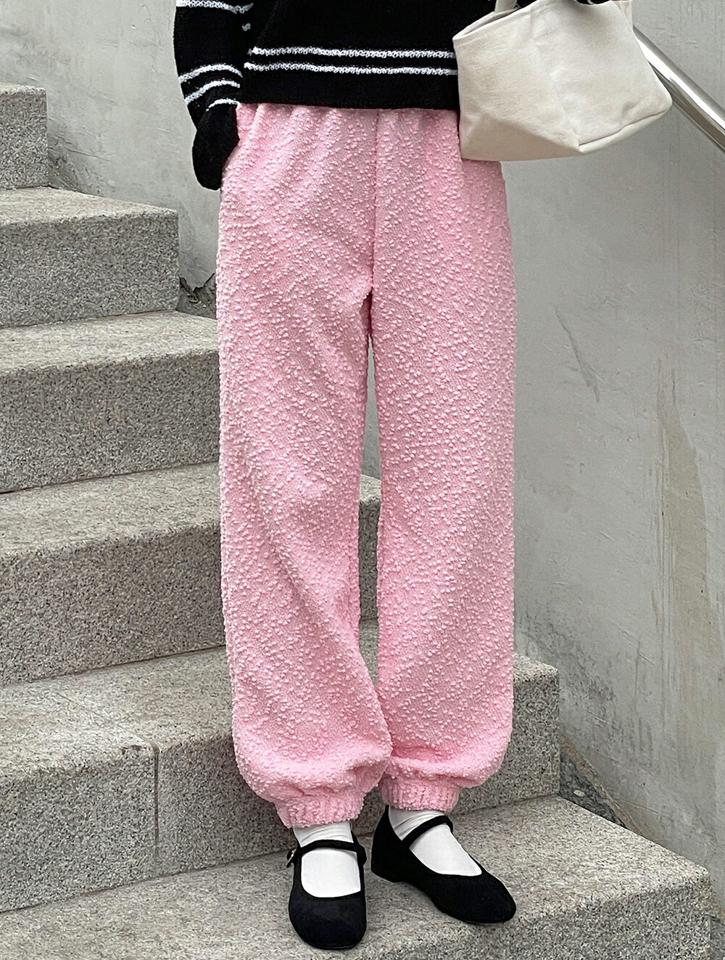 テクスチャージョガーパンツ・t00317 レディース 【pt】 韓国ファッション ボトムス パンツ ジョガーパンツ ロング丈 ハイウエスト テクスチャー もこもこ ワイド ストレート ゆったり 無地 キュート お出かけ デイリー 春 カジュアル