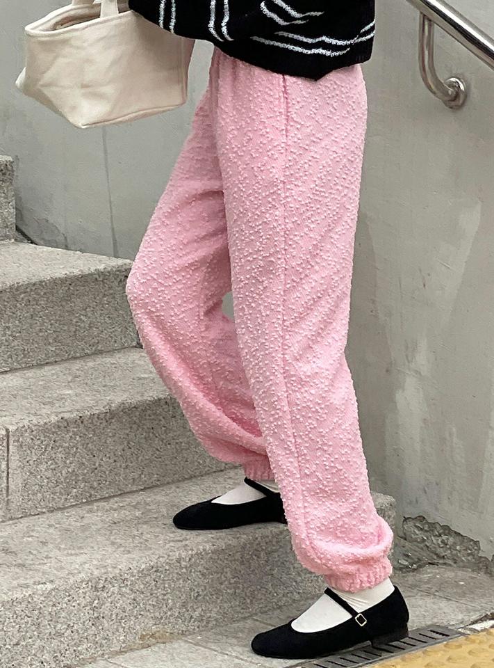 テクスチャージョガーパンツ・t00317 レディース 【pt】 韓国ファッション ボトムス パンツ ジョガーパンツ ロング丈 ハイウエスト テクスチャー もこもこ ワイド ストレート ゆったり 無地 キュート お出かけ デイリー 春 カジュアル