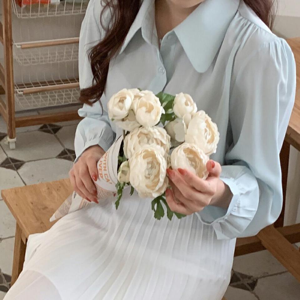 【マラソン特価】テンセル混ギャザーシャツ・p003842 レディース 【bl】シャツ トップス 長袖 単色 無地 シンプル ベーシック テンセル混 ギャザー パフ袖 パフスリーブ 秋 冬 かわいい 可愛い 韓国ファッション MKT セール