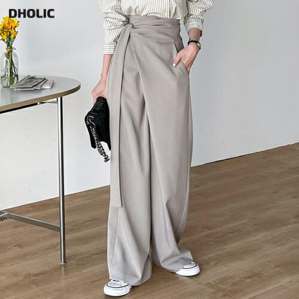 リボンラップワイドパンツ・t72005 レディース 【pt】 韓国ファッション ボトムス パンツ ロング丈 フルレングス ハイウエスト リボン ストラップ ラップ ワイド 伸縮 ユニーク 無地 モード 大人 お出かけ 春 カジュアル