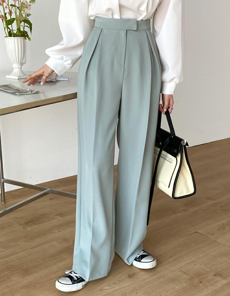ディープタックワイドスラックス・t71999 レディース 【pt】 韓国ファッション ボトムス パンツ スラックス ロング丈 フルレングス ハイウエスト ディープタック センタープレス ワイド 無地 パステル オフィスカジュアル モード 春 カジュアル