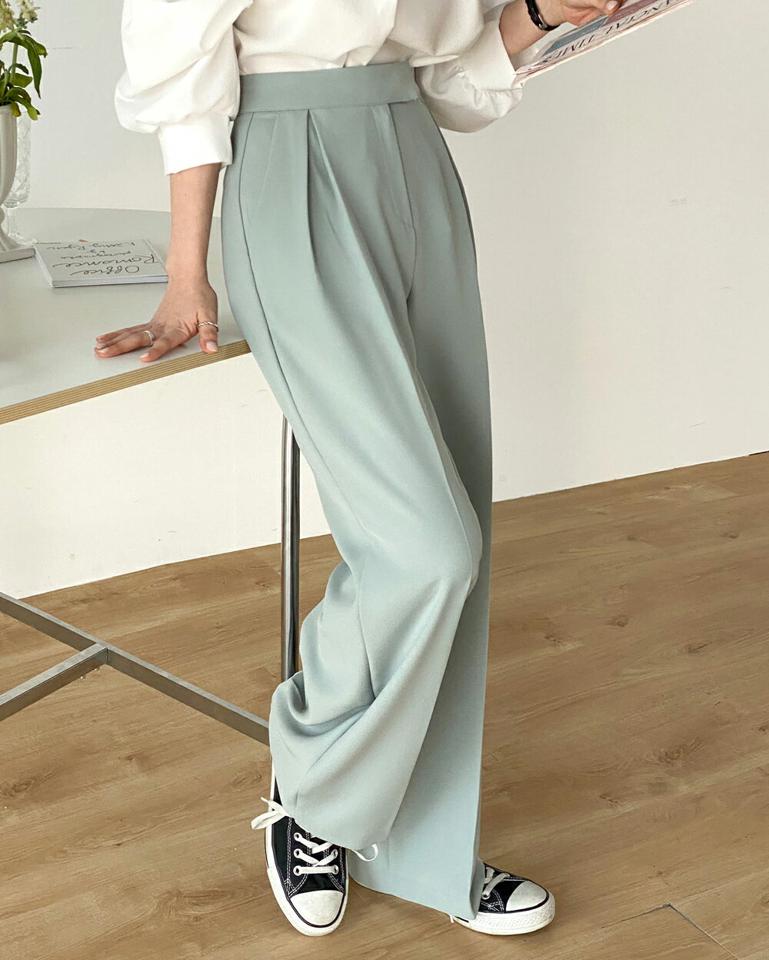 ディープタックワイドスラックス・t71999 レディース 【pt】 韓国ファッション ボトムス パンツ スラックス ロング丈 フルレングス ハイウエスト ディープタック センタープレス ワイド 無地 パステル オフィスカジュアル モード 春 カジュアル