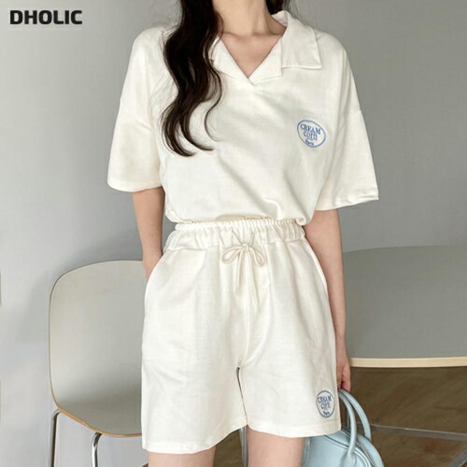 刺繍カラーTシャツ&ストリング付きショートパンツSET・t00348 レディース 【pt】 韓国ファッション セットアップ Tシャツ カラーネック 半袖 刺? ロゴ ゆったり パンツ ショートパンツ ストリング ルーズ 無地 シンプル キュート 春 夏 カジュアル