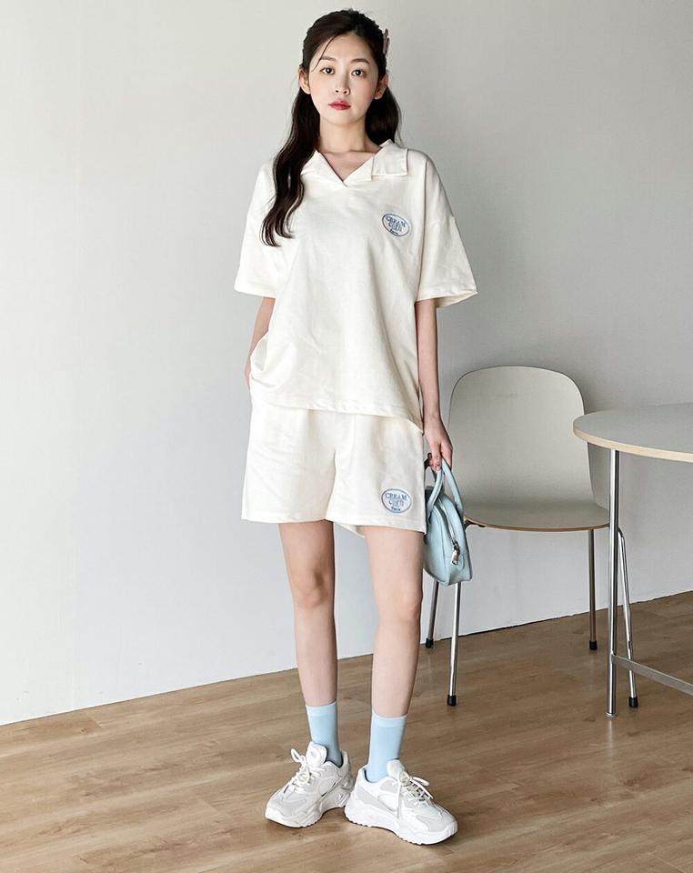 刺繍カラーTシャツ&ストリング付きショートパンツSET・t00348 レディース 【pt】 韓国ファッション セットアップ Tシャツ カラーネック 半袖 刺? ロゴ ゆったり パンツ ショートパンツ ストリング ルーズ 無地 シンプル キュート 春 夏 カジュアル