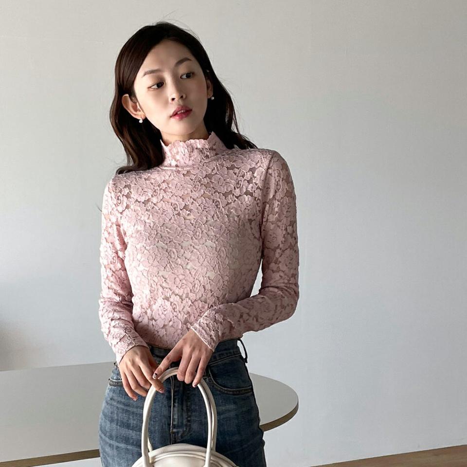 花柄レースハイネックブラウス・t00322 レディース 【bl】 韓国ファッション トップス ブラウス ハイネック 長袖 セミクロップド 花柄 フラワーレース シアー 透け感 スリムフィット タイト パステル 大人 お出かけ デイリー 春 夏 カジュアル