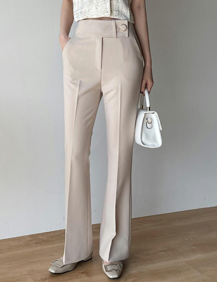 テンセル混フレームボタンフレアスラックス・b00540 レディース 【pt】 韓国ファッション ボトムス パンツ スラックス ロング丈 フルレングス ハイウエスト フレームボタン テンセル混 フレア ブーツカット スリム 無地 大人 春 夏 カジュアル