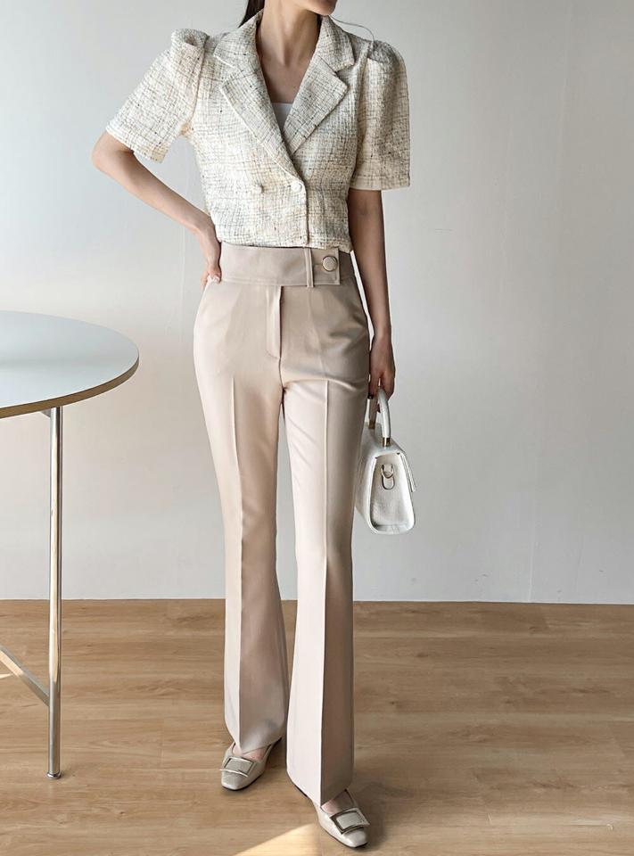 テンセル混フレームボタンフレアスラックス・b00540 レディース 【pt】 韓国ファッション ボトムス パンツ スラックス ロング丈 フルレングス ハイウエスト フレームボタン テンセル混 フレア ブーツカット スリム 無地 大人 春 夏 カジュアル