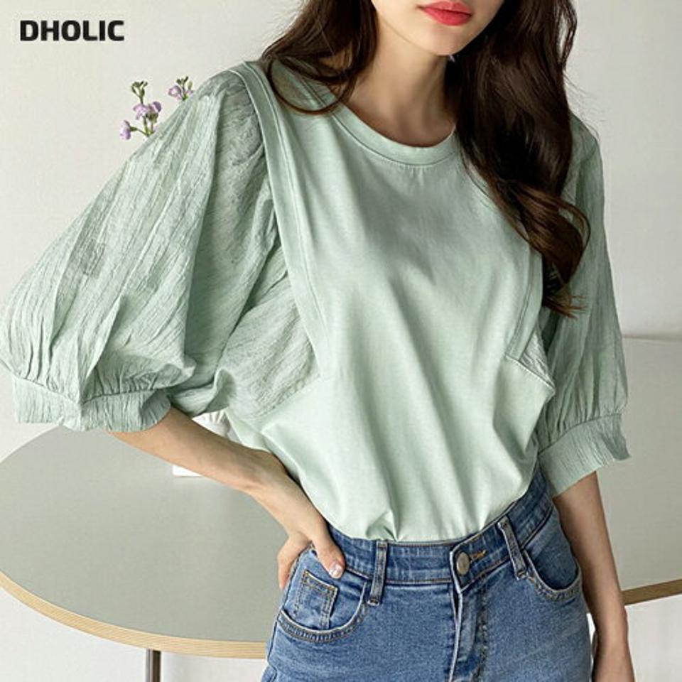 リンクルバルーンスリーブTシャツ・b00499 レディース 【tops】 韓国ファッション トップス Tシャツ ラウンドネック 半袖 6分袖 リンクルバルーンスリーブ セミクロップド ボリューム コットン混 無地 ユニーク お出かけ 春 夏 カジュアル