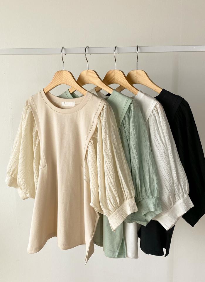 リンクルバルーンスリーブTシャツ・b00499 レディース 【tops】 韓国ファッション トップス Tシャツ ラウンドネック 半袖 6分袖 リンクルバルーンスリーブ セミクロップド ボリューム コットン混 無地 ユニーク お出かけ 春 夏 カジュアル