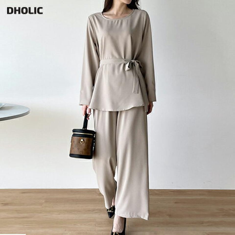 ストラップ付ブラウス&パンツSET・t00533 レディース 【pt】 韓国ファッション セットアップ ブラウス ラウンドネック 長袖 ゆったり ストラップ付 コットン混 パンツ ロング丈 ワイド 無地 モード 大人 お出かけ 春 夏 カジュアル