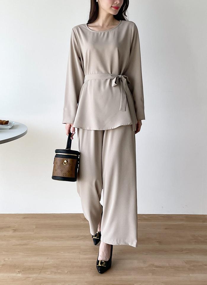 ストラップ付ブラウス&パンツSET・t00533 レディース 【pt】 韓国ファッション セットアップ ブラウス ラウンドネック 長袖 ゆったり ストラップ付 コットン混 パンツ ロング丈 ワイド 無地 モード 大人 お出かけ 春 夏 カジュアル