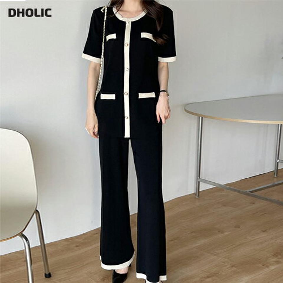 配色ボタンロングニット&フレアパンツSET・b00530 レディース 【pt】 韓国ファッション セットアップ ニット ラウンドネック 半袖 配色 ボタン レーヨン 無地 パンツ ロング丈 ハイウエスト フレア ブーツカット デイリー 春 夏 カジュアル