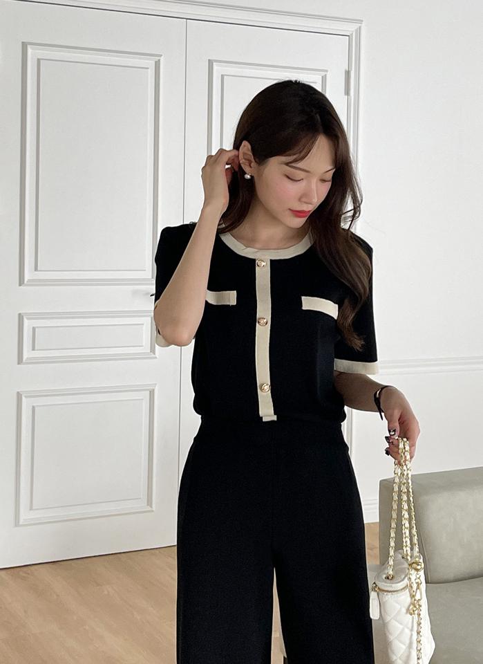 配色ボタンロングニット&フレアパンツSET・b00530 レディース 【pt】 韓国ファッション セットアップ ニット ラウンドネック 半袖 配色 ボタン レーヨン 無地 パンツ ロング丈 ハイウエスト フレア ブーツカット デイリー 春 夏 カジュアル