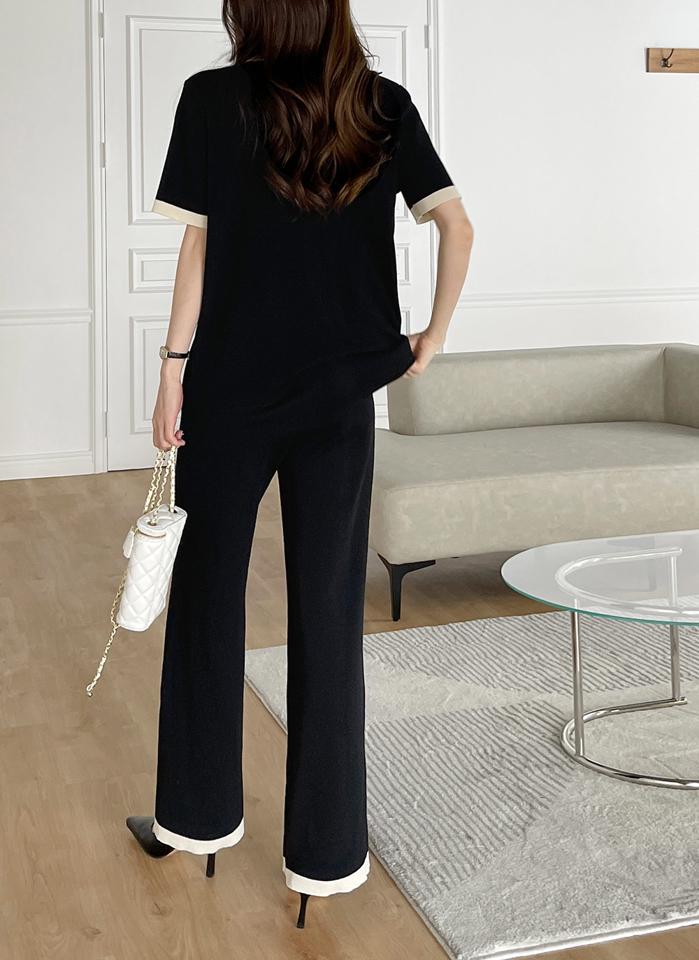 配色ボタンロングニット&フレアパンツSET・b00530 レディース 【pt】 韓国ファッション セットアップ ニット ラウンドネック 半袖 配色 ボタン レーヨン 無地 パンツ ロング丈 ハイウエスト フレア ブーツカット デイリー 春 夏 カジュアル