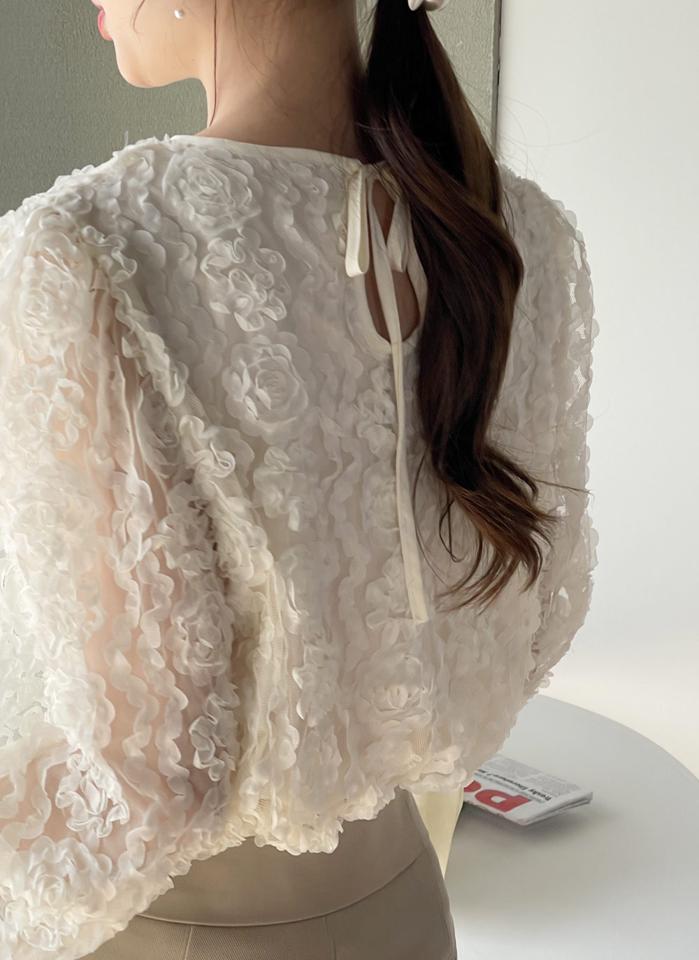 バックリボンフローラルブラウス・b00515 レディース 【bl】 韓国ファッション トップス ブラウス ラウンドネック 長袖 バルーンスリーブ バックリボン フローラル シアー 透け感 ボリューム 立体 お出かけ ラブリー 春 夏 カジュアル
