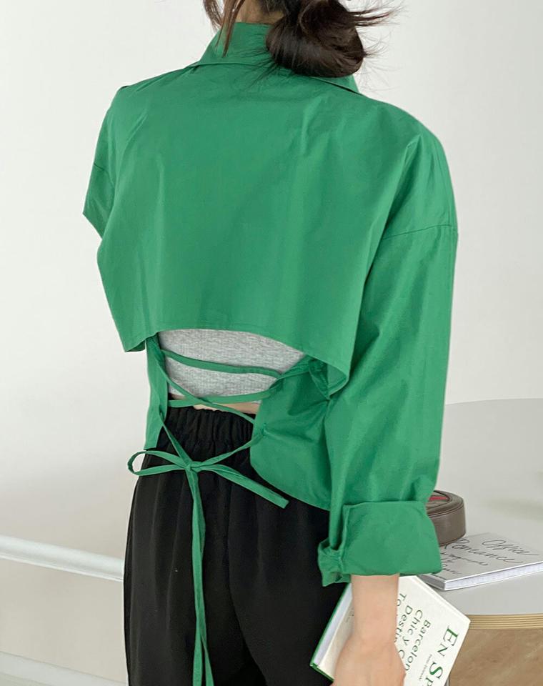 バックレースアップクロップドシャツ・t00852 レディース 【bl】 韓国ファッション トップス シャツ カラーネック 長袖 クロップド ショート丈 バックレースアップ リボン ルーズフィット ゆったり 無地 カラフル 大人カジュアル 春 カジュアル