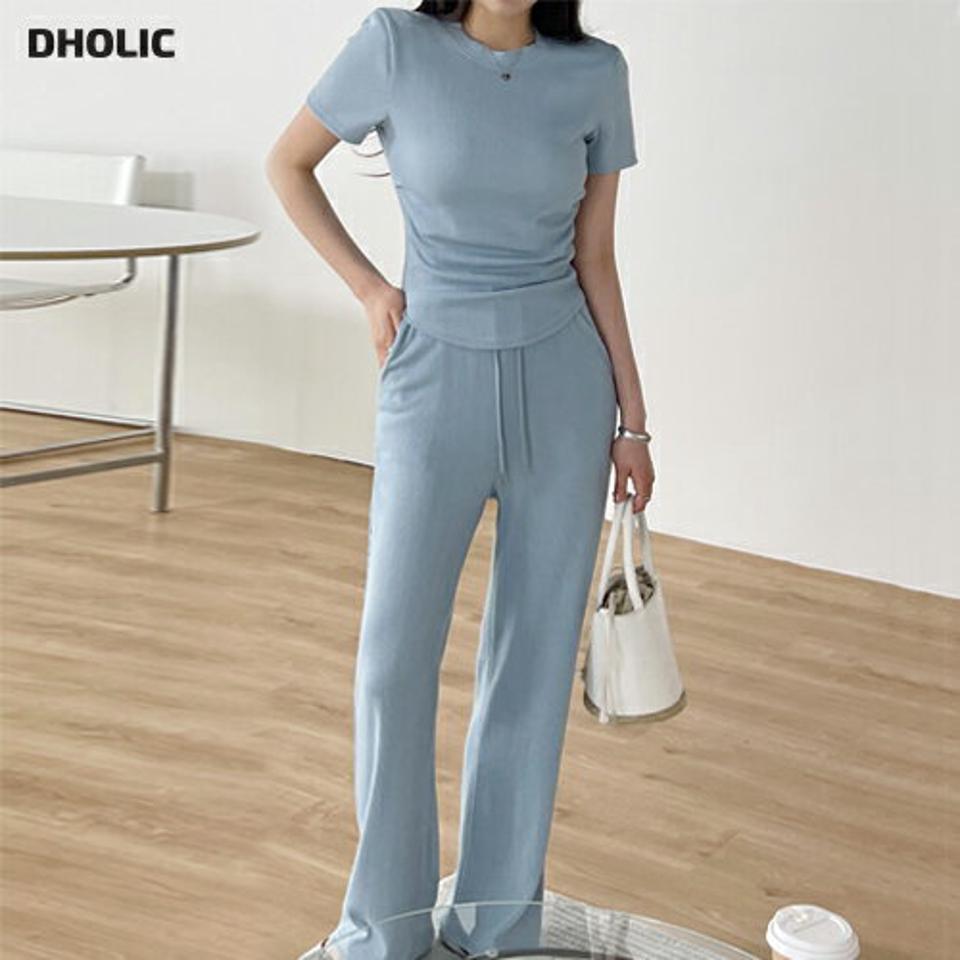 リブ半袖Tシャツ&ストリング付パンツSET・t00867 レディース 【pt】 韓国ファッション セットアップ Tシャツ ラウンドネック 半袖 クロップド スリム 細身 パンツ ロング丈 フルレングス ストリング ストレート タイト 無地 大人 春 夏 カジュアル