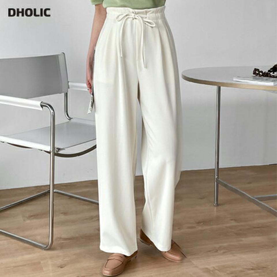 ストリング付ツータックパンツ・b00876 レディース 【pt】 韓国ファッション ボトムス パンツ ロング丈 9分丈 ハイウエスト ストリング リボン ツータック ストレート ゆったり 無地 ブラック ホワイト 大人カジュアル デイリー 春 カジュアル