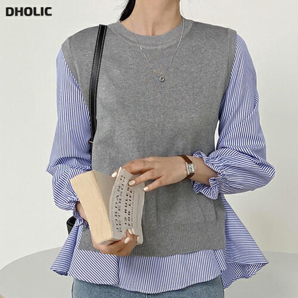 ストライプブラウス&ニットベストSET・b00547 レディース 【tops】 韓国ファッション トップス ブラウス ベスト ニット セットアップ 長袖 7分丈 ストライプ アンバランス タック ギャザー オフィス カジュアル 大人 上品 お出かけ カジュアル