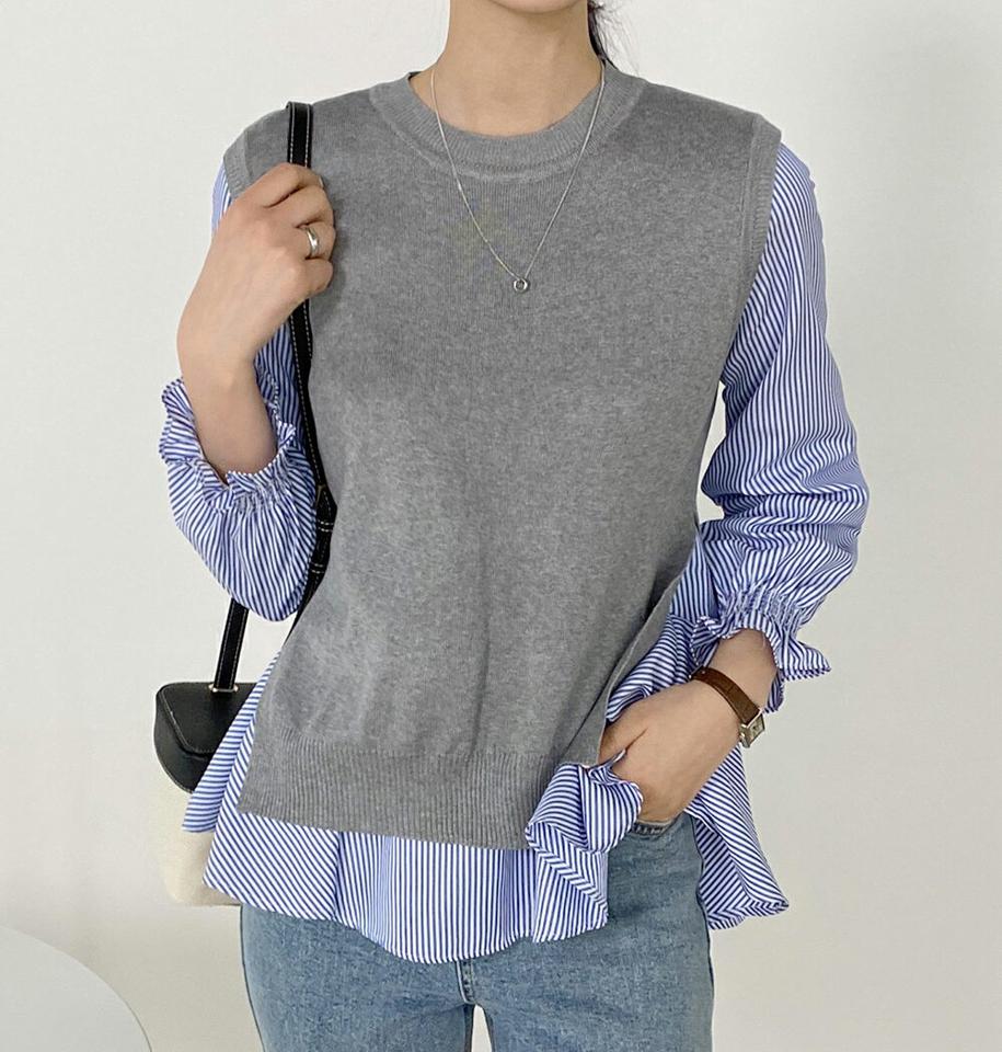 ストライプブラウス&ニットベストSET・b00547 レディース 【tops】 韓国ファッション トップス ブラウス ベスト ニット セットアップ 長袖 7分丈 ストライプ アンバランス タック ギャザー オフィス カジュアル 大人 上品 お出かけ カジュアル
