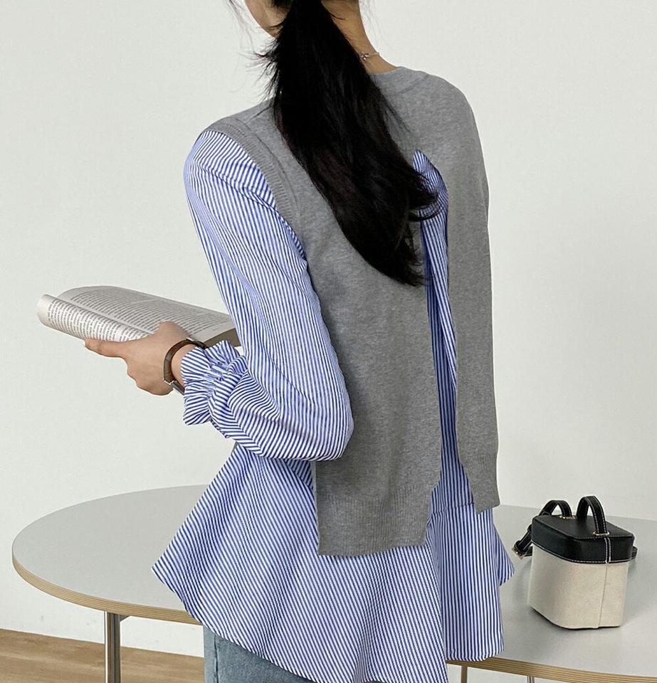 ストライプブラウス&ニットベストSET・b00547 レディース 【tops】 韓国ファッション トップス ブラウス ベスト ニット セットアップ 長袖 7分丈 ストライプ アンバランス タック ギャザー オフィス カジュアル 大人 上品 お出かけ カジュアル