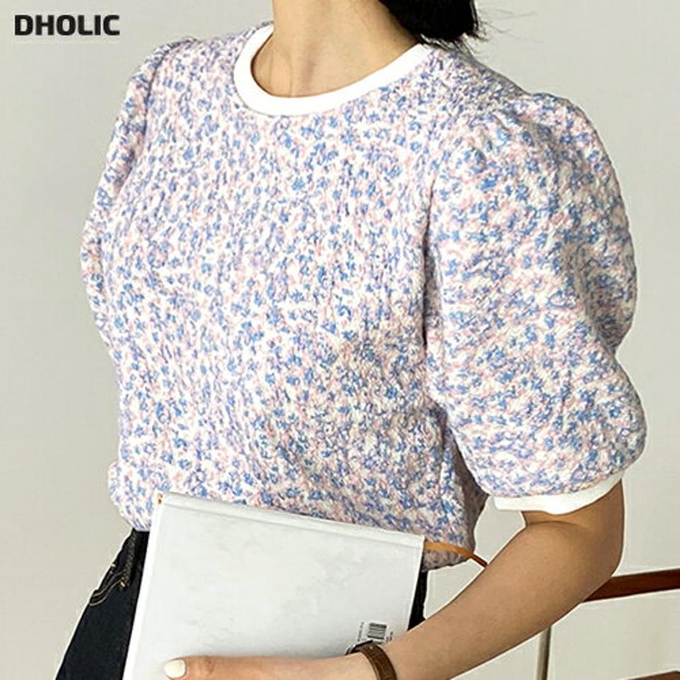 配色花柄半袖Tシャツ・t00523 レディース 【tops】 韓国ファッション トップス Tシャツ 配色 小柄 半袖 ラウンドネック パフ リブヘム 春 夏 ガーリー モダン キュート カジュアル