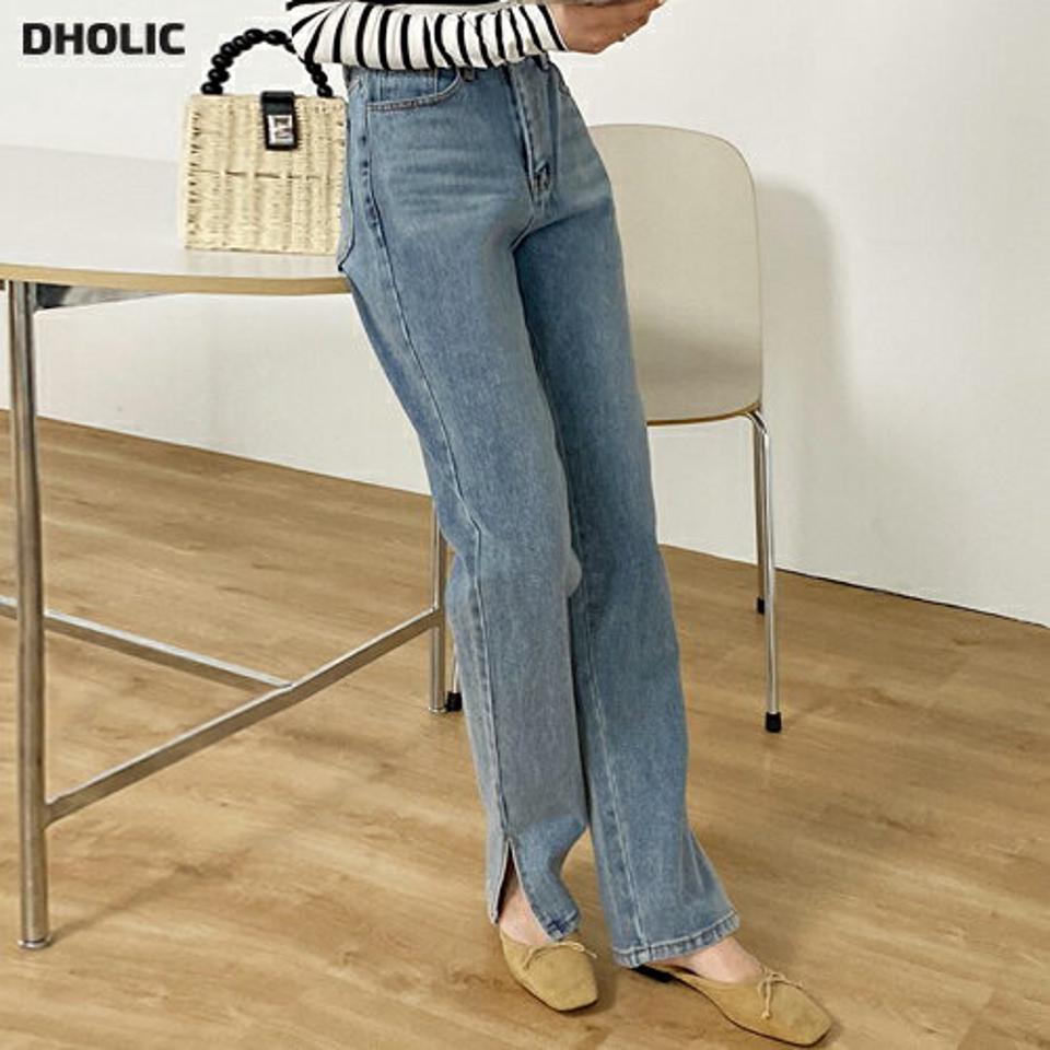 サイドスリットデニムパンツ・t00560 レディース 【pt】 韓国ファッション パンツ ボトムス デニム サイド スリット コットン ストレート フルレングス ハイウエスト レザー調 パッチ カジュアル お出かけ 春 カジュアル