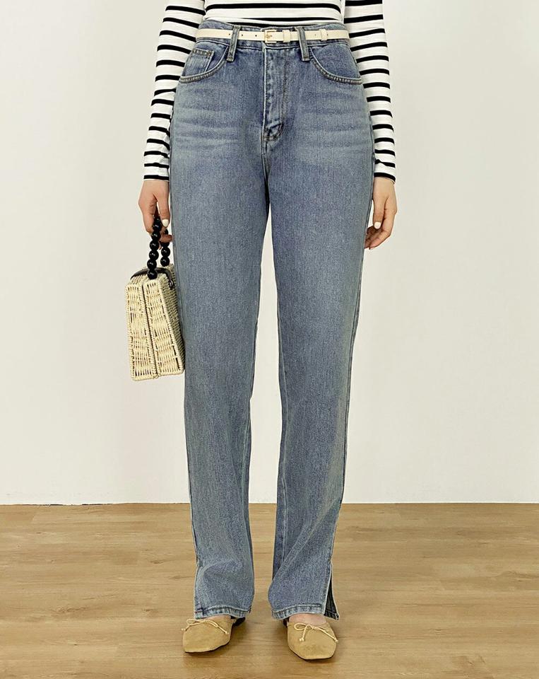 サイドスリットデニムパンツ・t00560 レディース 【pt】 韓国ファッション パンツ ボトムス デニム サイド スリット コットン ストレート フルレングス ハイウエスト レザー調 パッチ カジュアル お出かけ 春 カジュアル