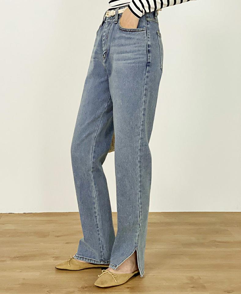 サイドスリットデニムパンツ・t00560 レディース 【pt】 韓国ファッション パンツ ボトムス デニム サイド スリット コットン ストレート フルレングス ハイウエスト レザー調 パッチ カジュアル お出かけ 春 カジュアル
