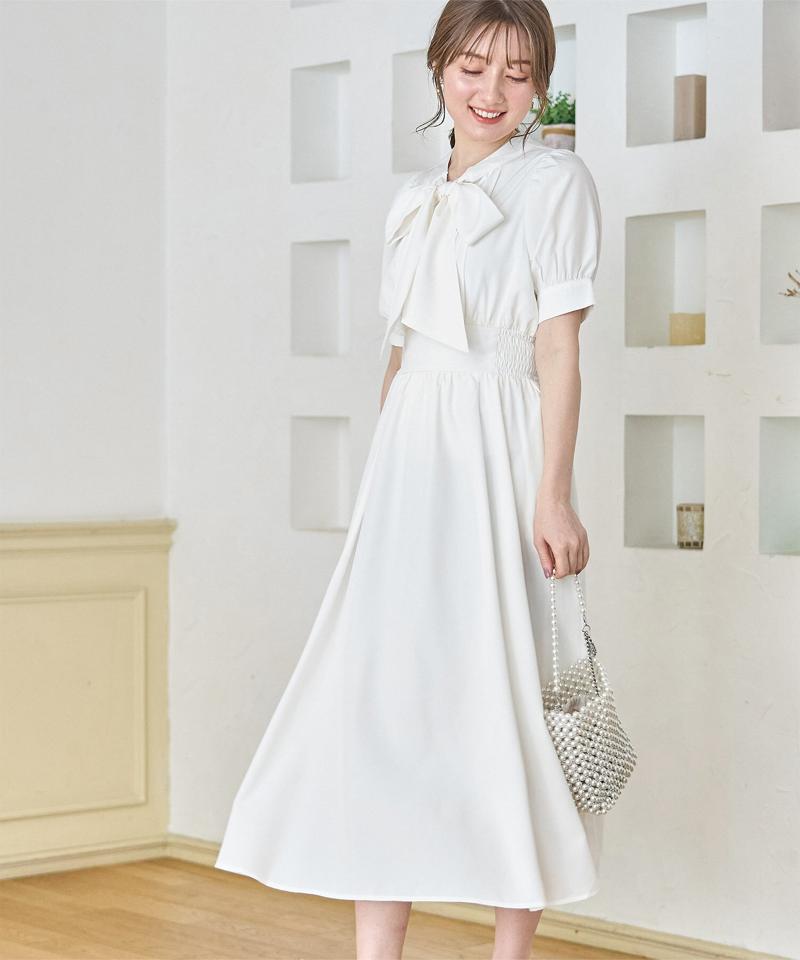 ボウタイリボン付きフロントタックワンピース【fozeel フォゼール】tocco closet(トッコクローゼット)　ホワイト アイスグレー